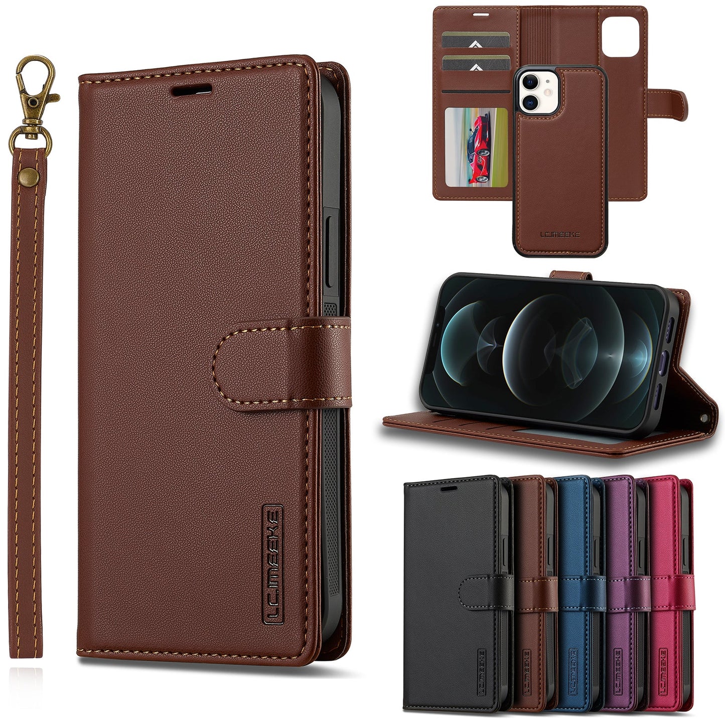 2-in-1 Detachable Magnetic Leather Folio Wallet Phone Case for iPhone 12