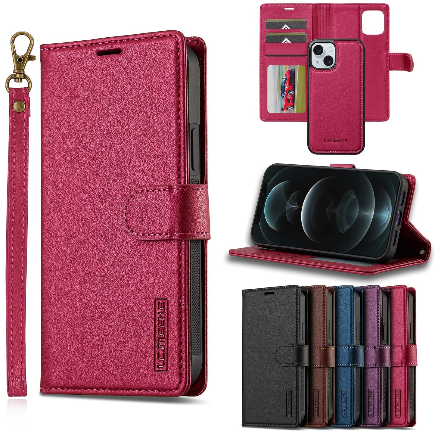 2-in-1 Detachable Magnetic Leather Folio Wallet Phone Case for iPhone 15